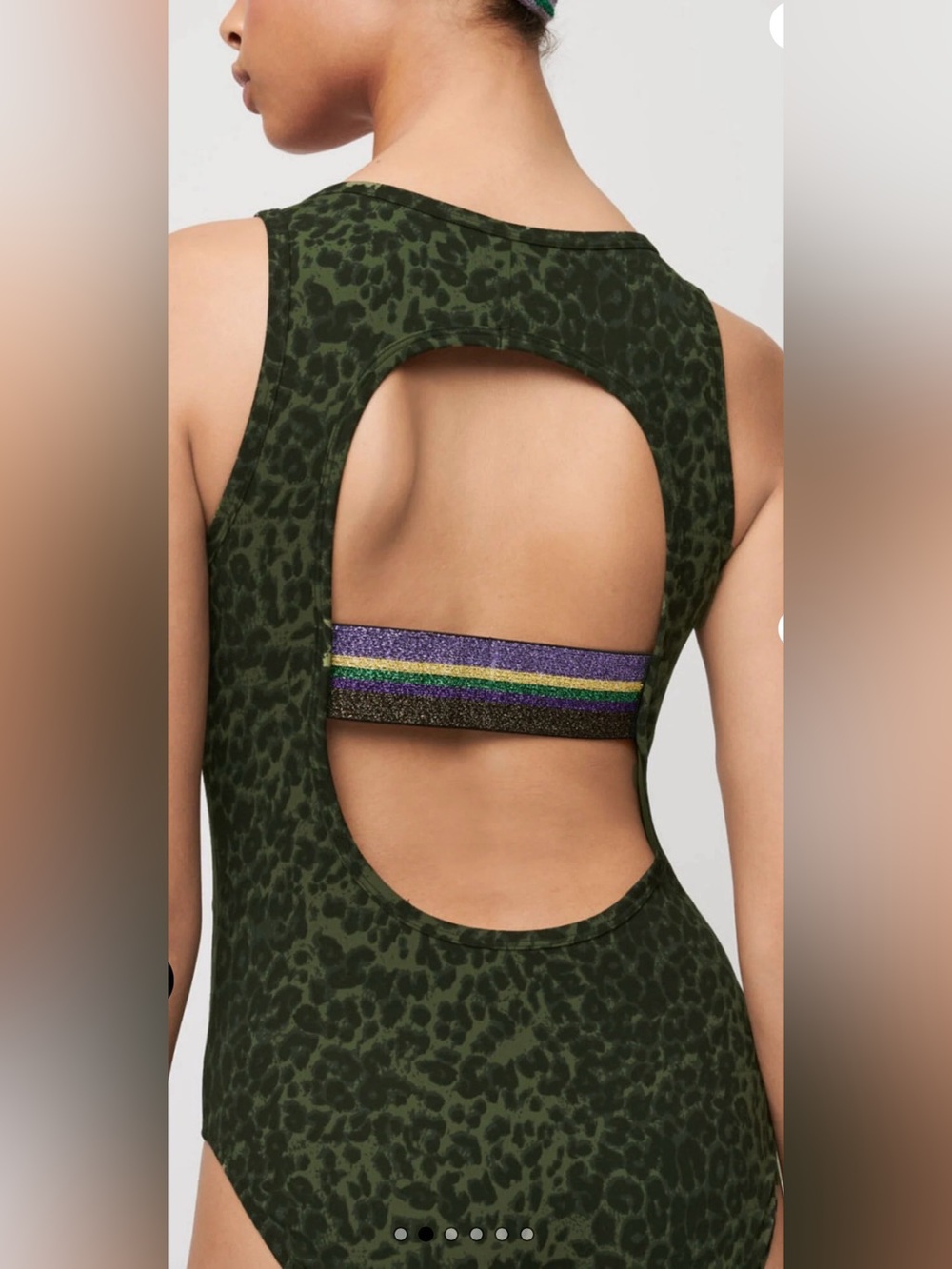 Maje Olive Green Leopard Open-Back One-Piece with Glitter Stripe